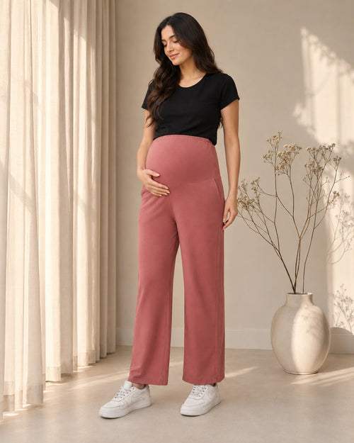 Women’s Dusty Rose Cotton Straight-Fit Maternity Track Pants