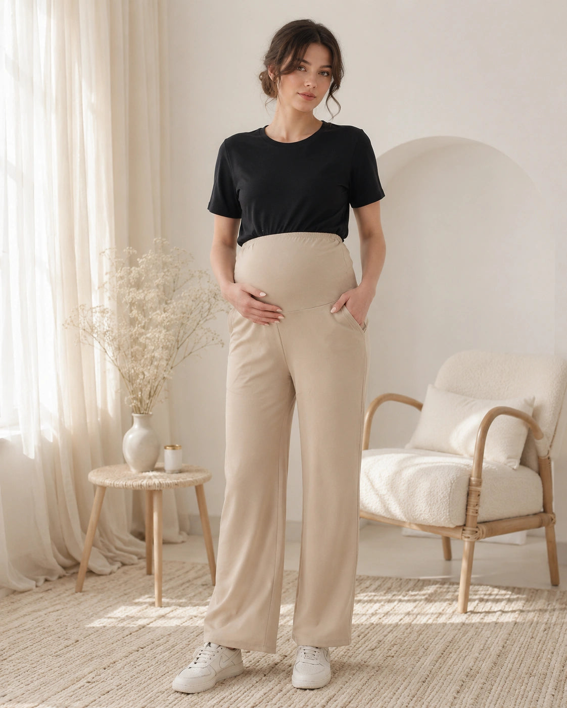 Women’s Beige Cotton Straight-Fit Maternity Track Pants