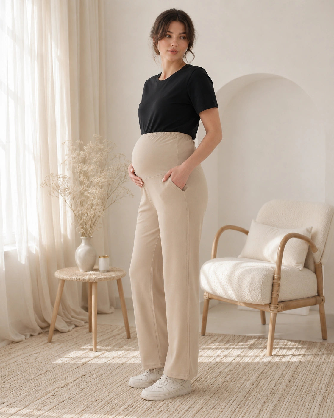 Women’s Beige Cotton Straight-Fit Maternity Track Pants