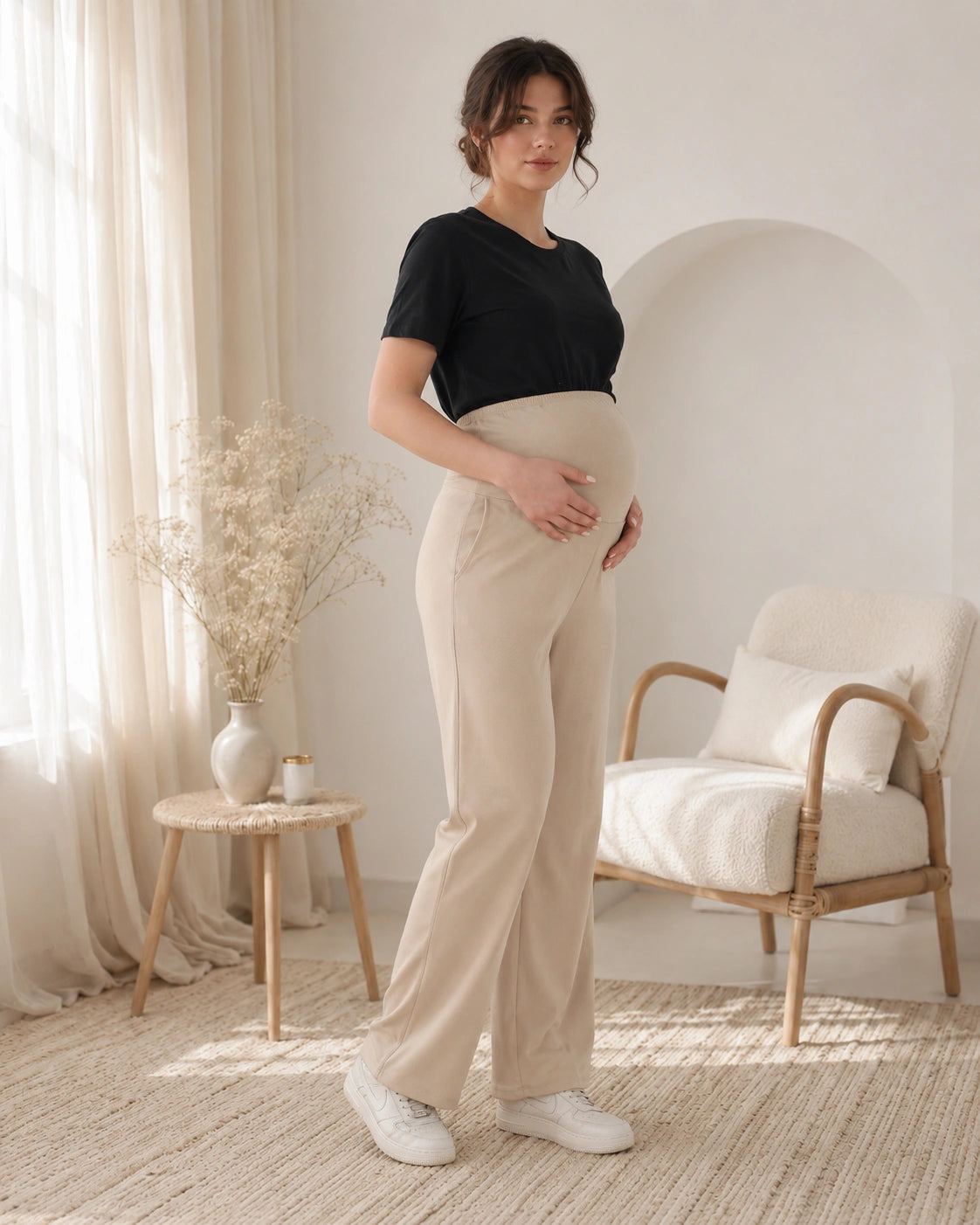 Women’s Beige Cotton Straight-Fit Maternity Track Pants