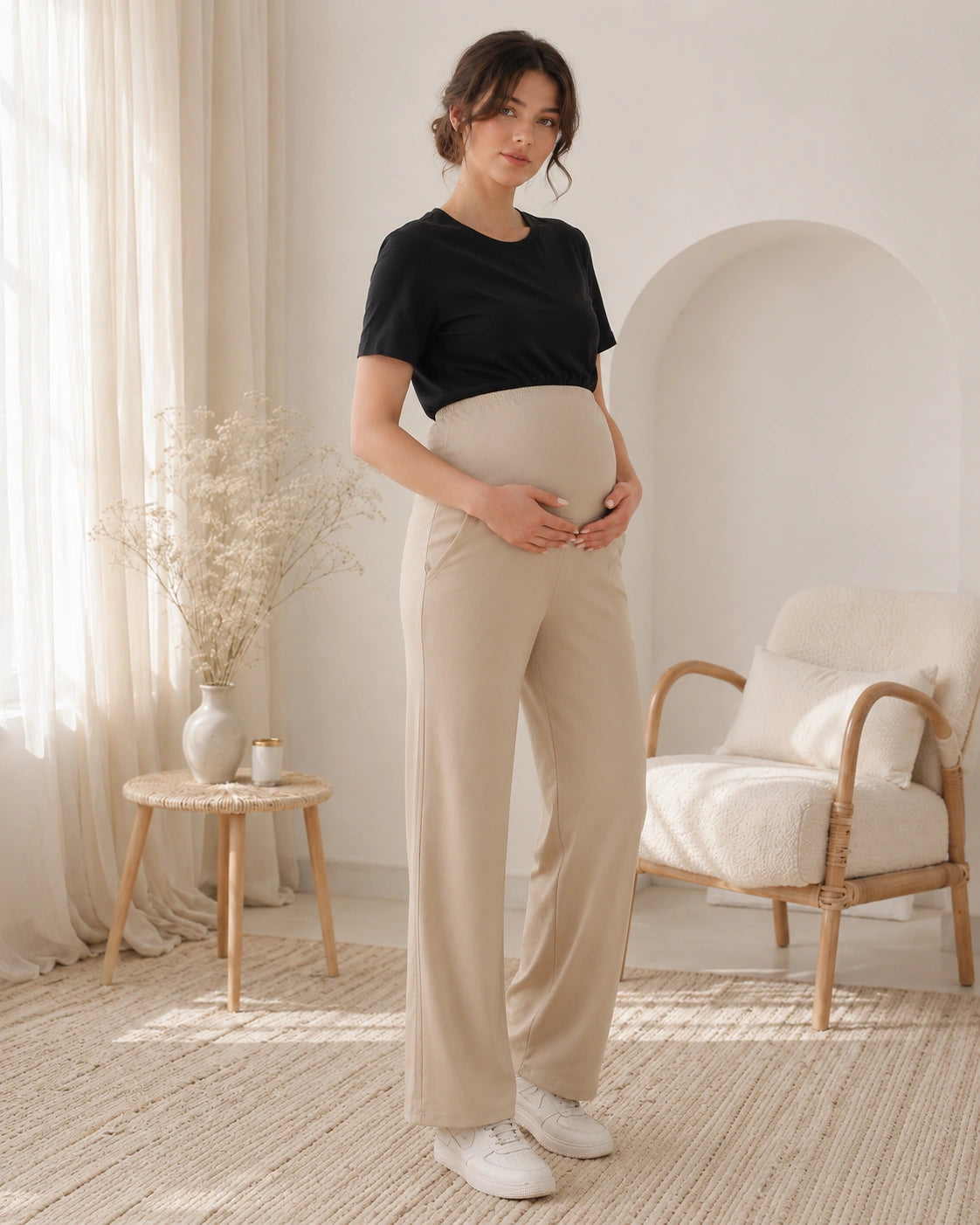 Women’s Beige Cotton Straight-Fit Maternity Track Pants