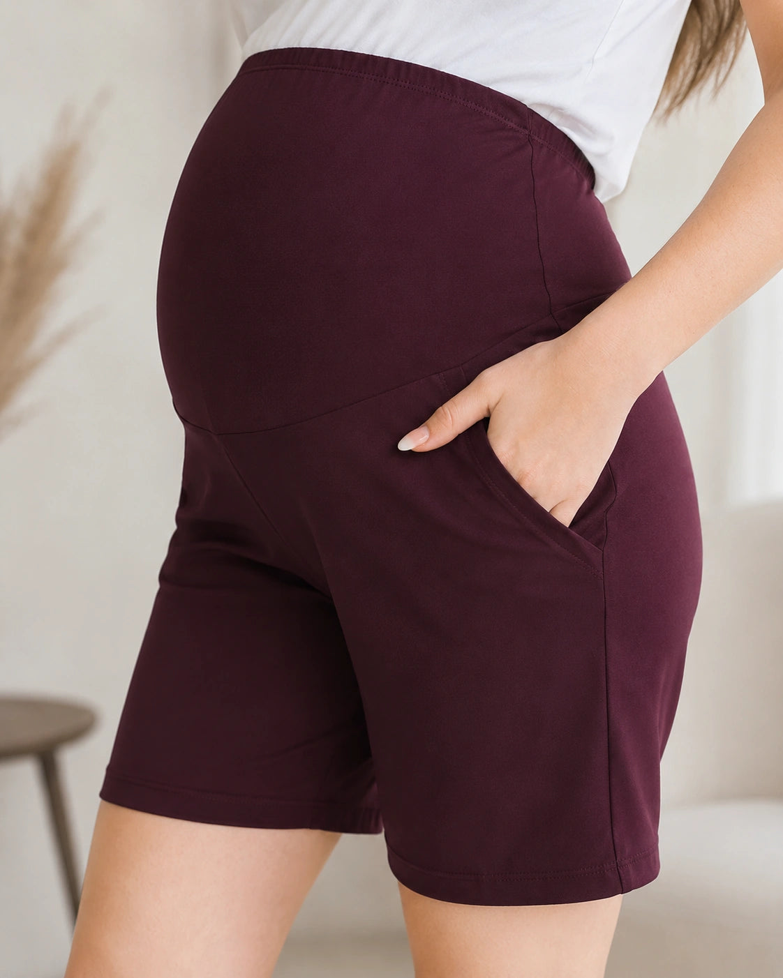 Women’s Maroon Solid Cotton Maternity Shorts
