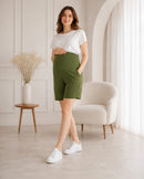 Women’s Olive Solid Cotton Maternity Shorts