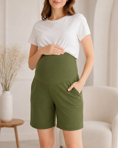 Women’s Olive Solid Cotton Maternity Shorts