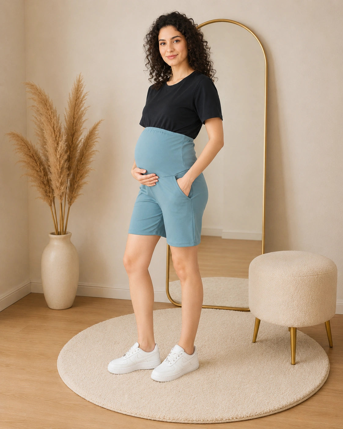 Women’s Sea Green Solid Cotton Maternity Shorts