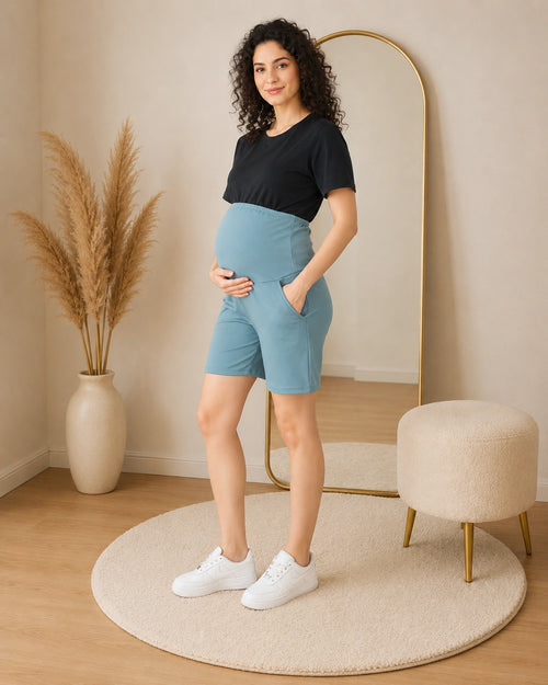 Women’s Sea Green Solid Cotton Maternity Shorts